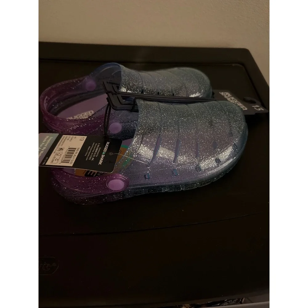 Rugged Shark Kids Jelly Clog Purple Blue Glitter Ombre Slip On Shoes Size 13 NEW